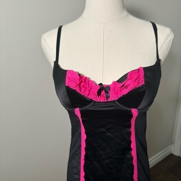 Y2K Black & Hot Pink Satin Babydoll Slip Dress • Vintage Lingerie Nightie - Picture 5 of 6